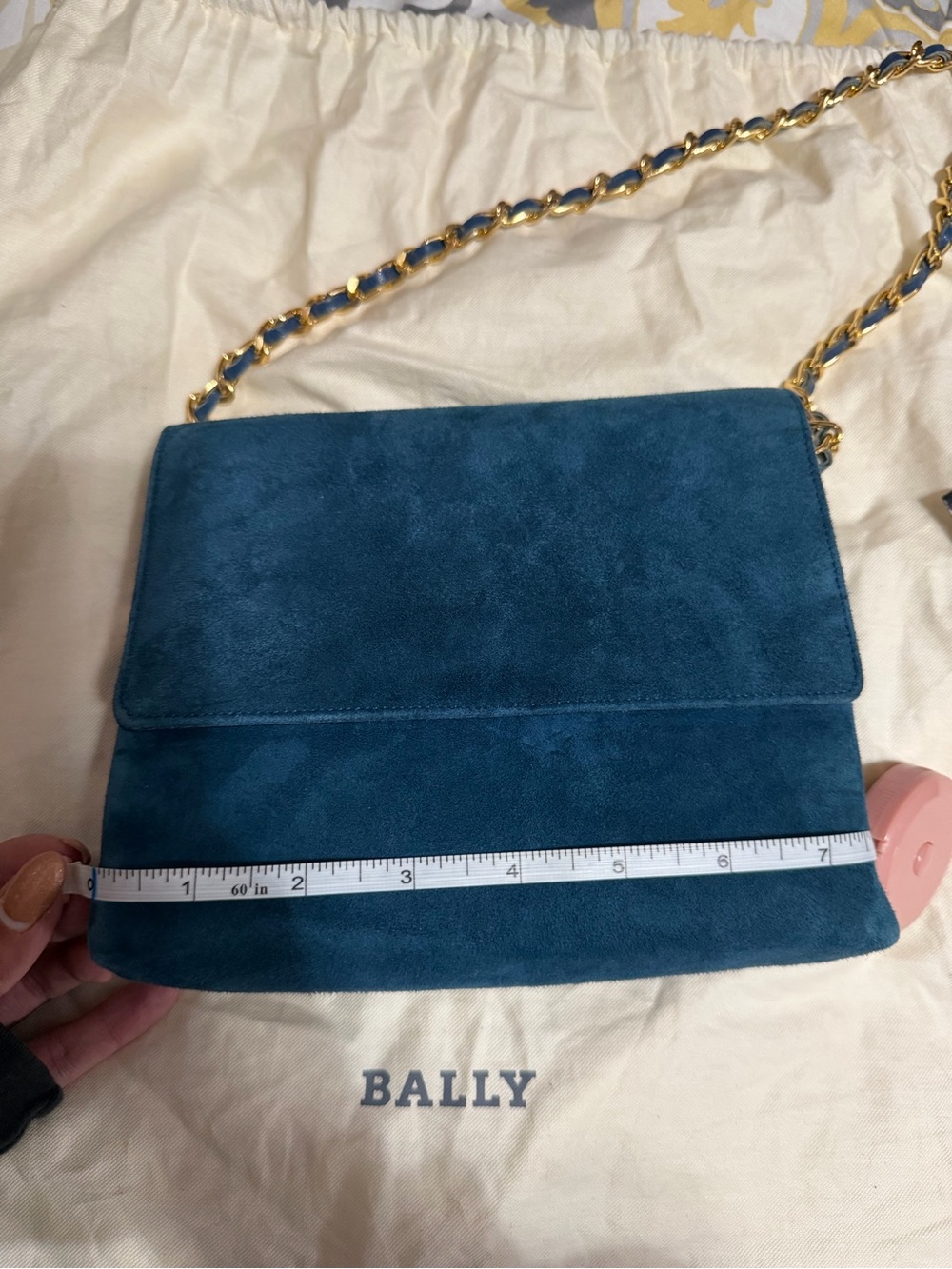 Vintage Bally Blue Suede Shoulder Bag Italy Gold Chain Crossbody Purse - Picture 9 of 15